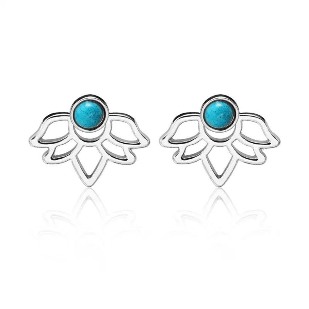 Silver Lotus Flower Turquoise Stud Earrings